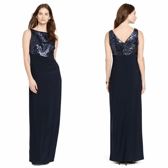 New! RALPH LAUREN Women's Sequined Bodice Gown Dress Blue Size 16 Color Blue - Picture 1 of 8
